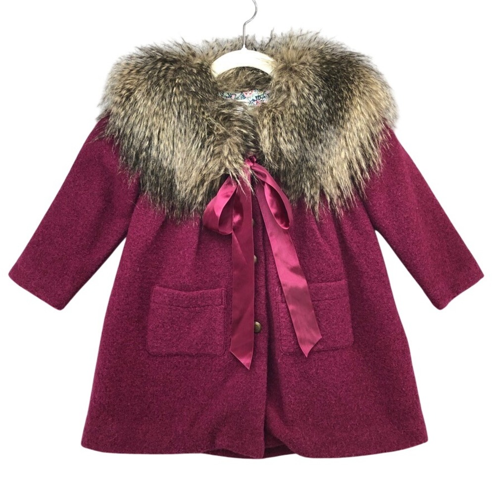 Blu Pony Vintage Mimi Coat Girls 5 Kids Magenta Wool Faux Fur Bow Missing Button